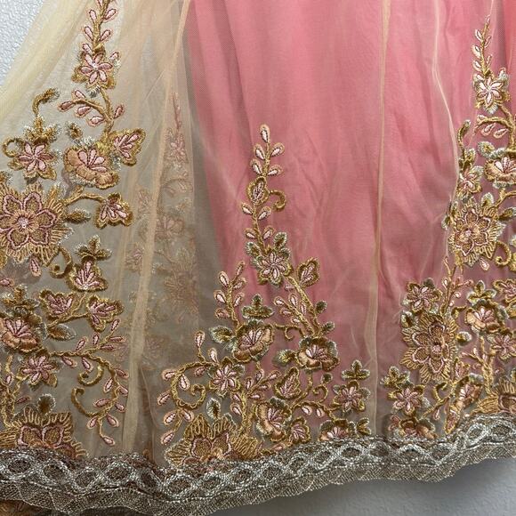 Approx M Pink Gold Embroidered Flowers Floral Anarkali Saree Gown Dress Layered - Picture 6 of 9